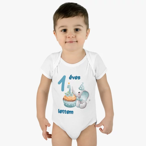 Kék elefántos mérföldkő baba body - éves