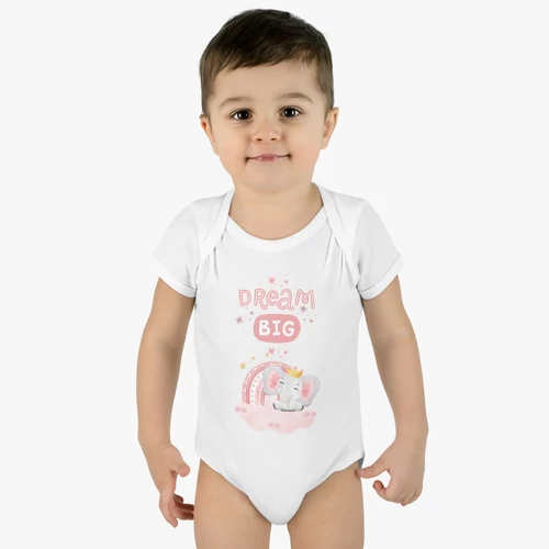 Dream big - Álmodj nagyot elefántos baba body rózsaszín