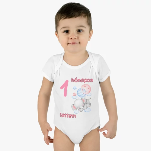 Rózsaszín elefántos mérföldkő baba body
